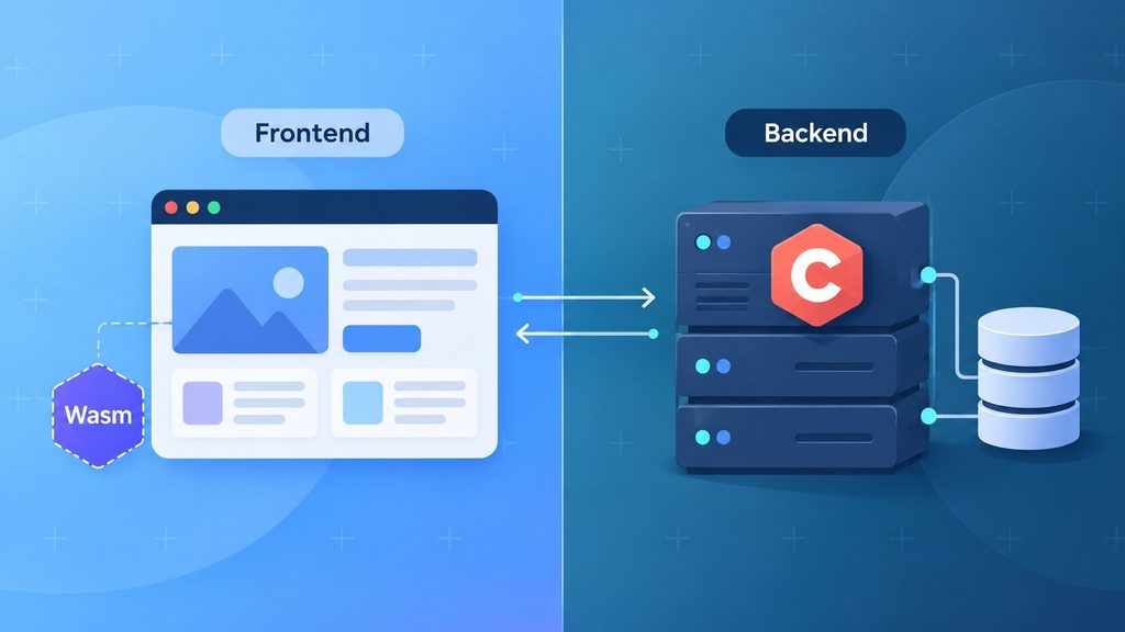 Frontend and backend split showing C running on the server side of a web app