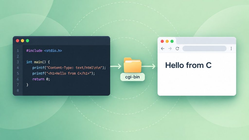 Simple CGI program in C generating a Hello from C web page in the browser