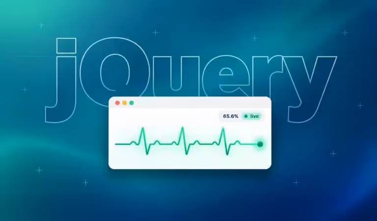 Is jQuery dead? Browser card with a live heartbeat line showing jQuery still runs on 65.6% of sites