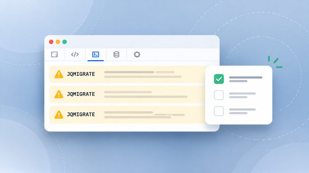 Browser console showing JQMIGRATE deprecation warnings as a developer to-do list