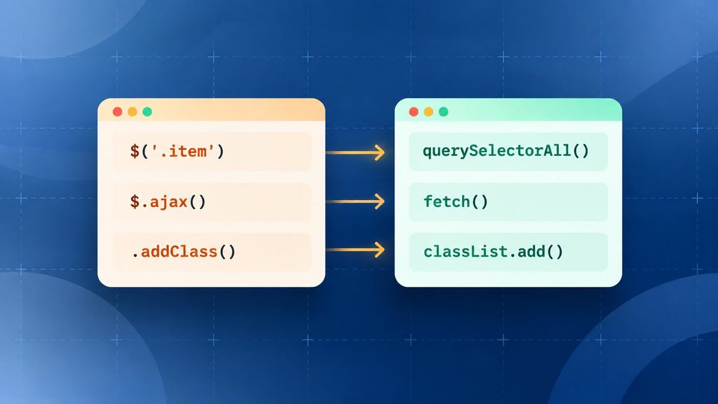 jQuery methods mapped side by side to their native JavaScript replacements
