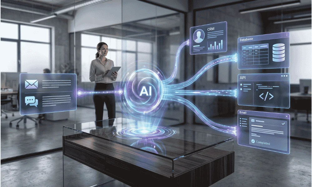 Autonomous AI agent completing multi-step business tasks across connected software systems
