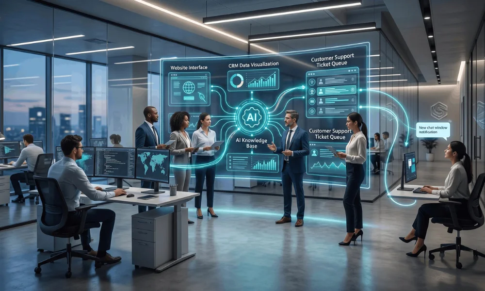 Business team implementing an AI chatbot with knowledge base and human support integration