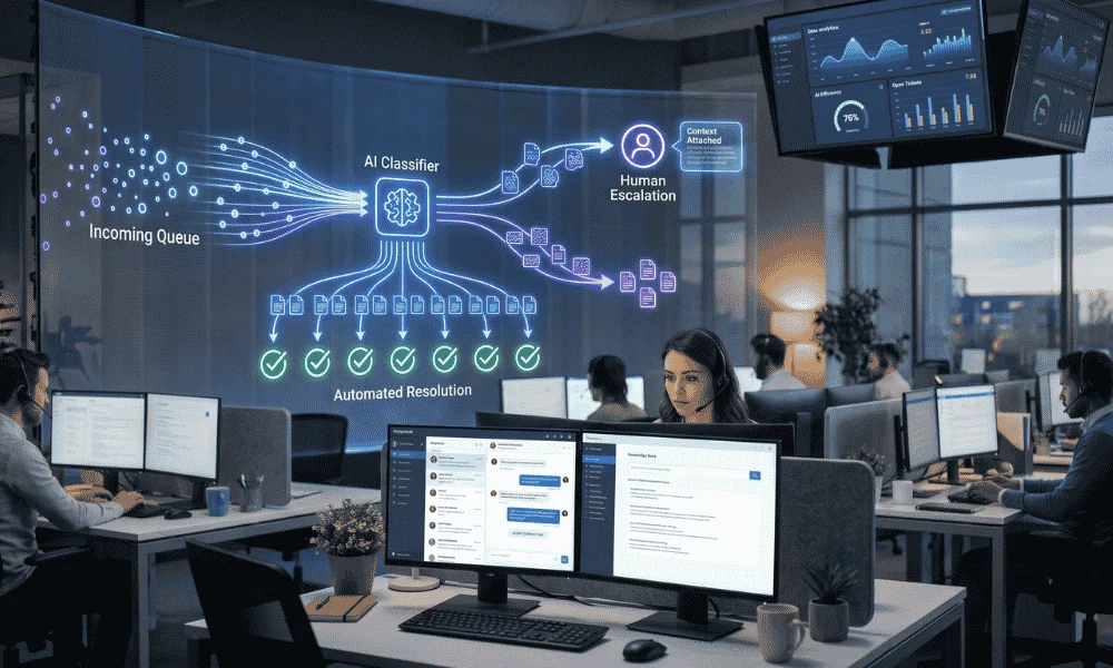 AI chatbot resolving customer support requests and escalating complex issues