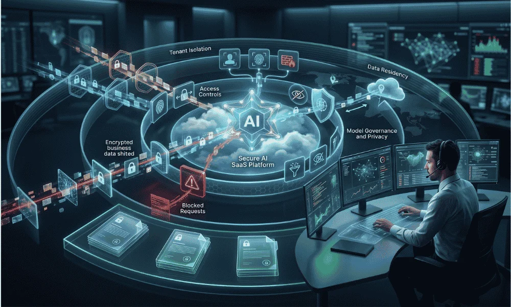 AI SaaS security system protecting business data with governance and access controls