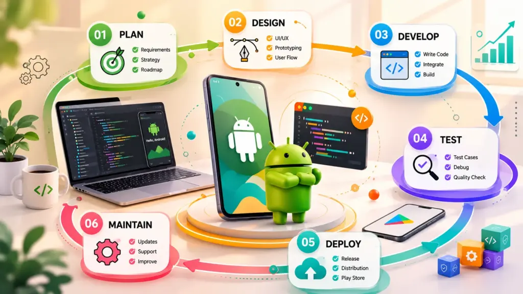 Android Studio, Android SDK, JDK, and Gradle working together to build an Android app for testing and distribution