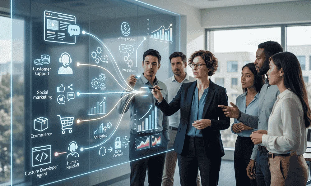 Business team evaluating AI chatbot platforms based on cost integrations and use case