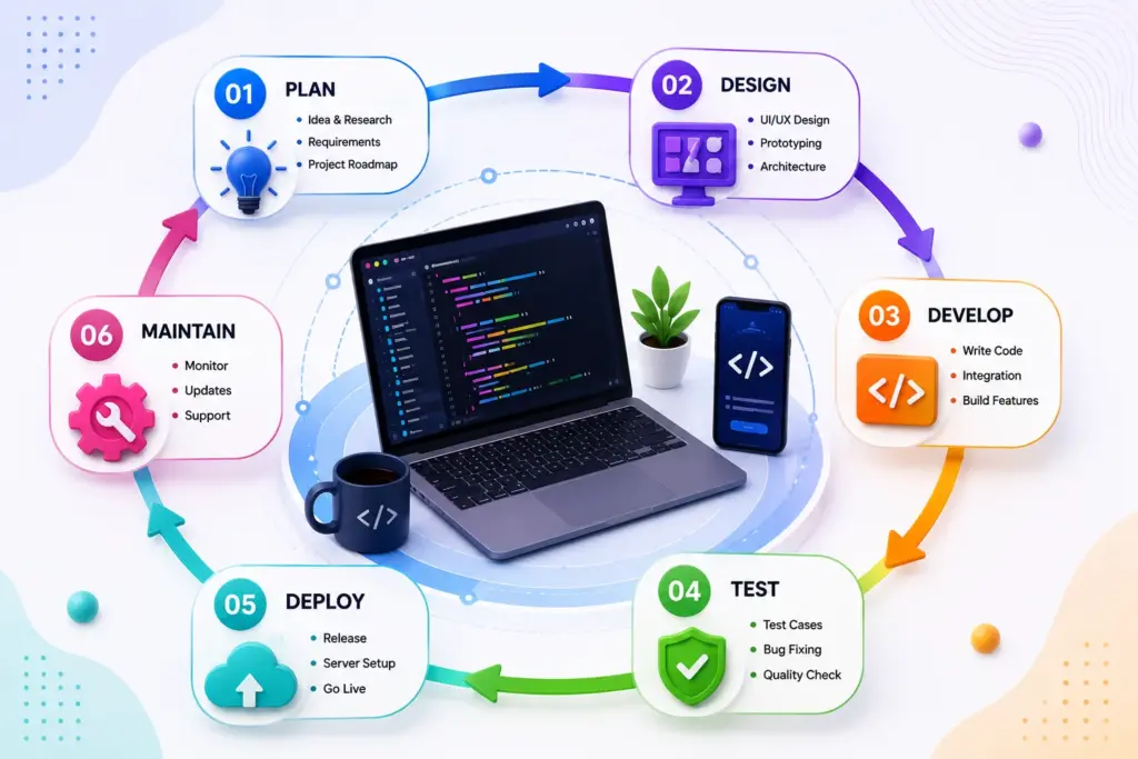Android SDK setup process showing Android Studio installation, SDK Manager configuration, API platform setup, device connection, and successful app testing