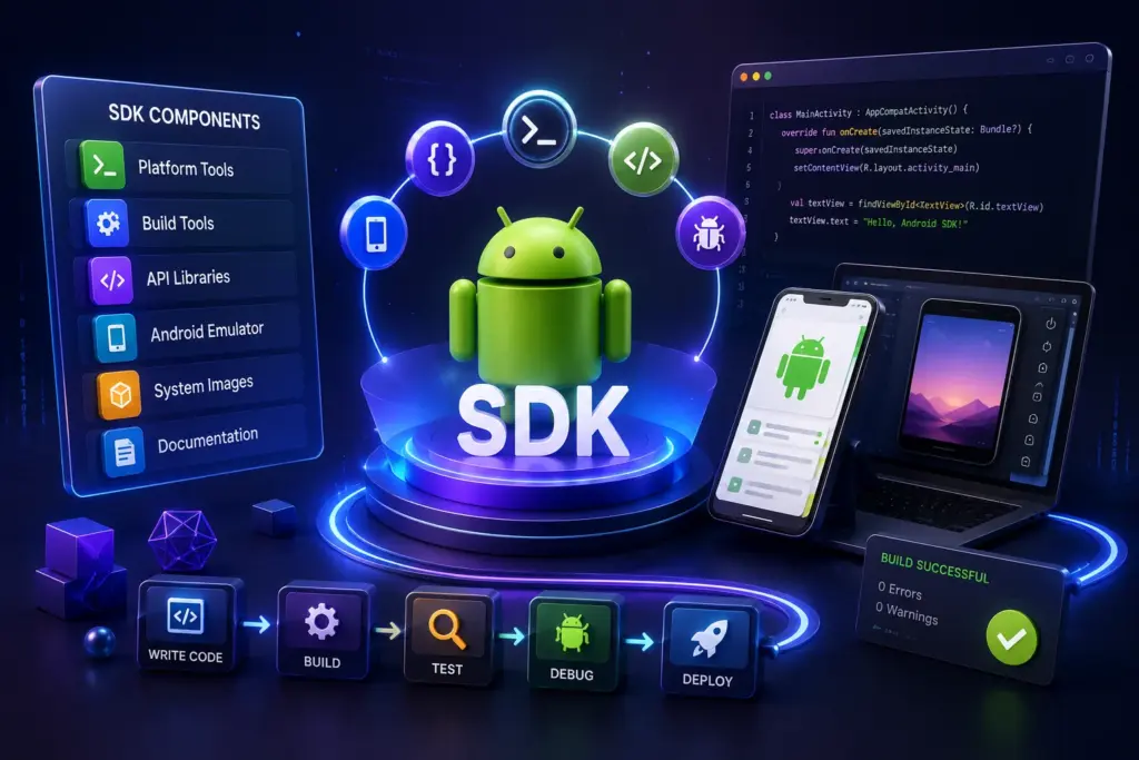 Three-layer Android SDK visual showing compile API access, target runtime behavior, and minimum supported device compatibility