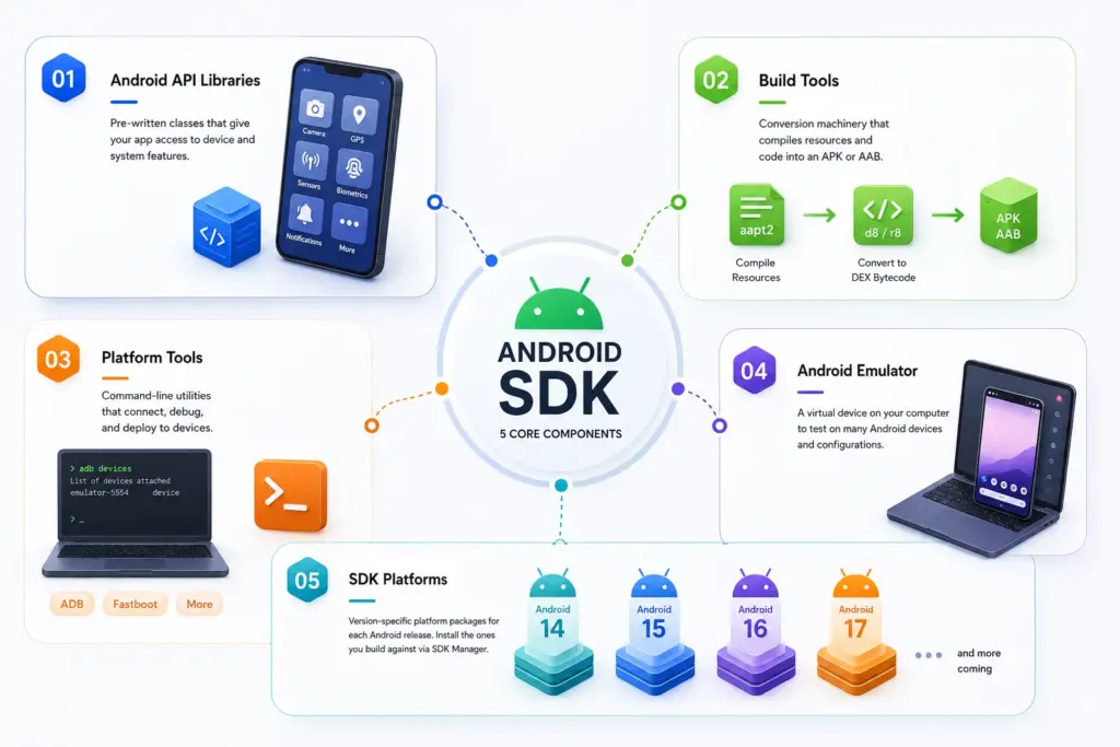 Five core Android SDK components showing API libraries, build tools, platform tools, emulator, and versioned SDK platforms working together