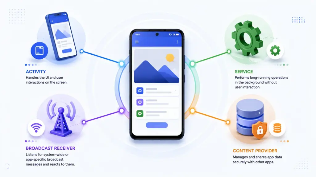 Four main Android app components represented by a user interface screen, background service, system event receiver, and shared data provider connected to one Android app