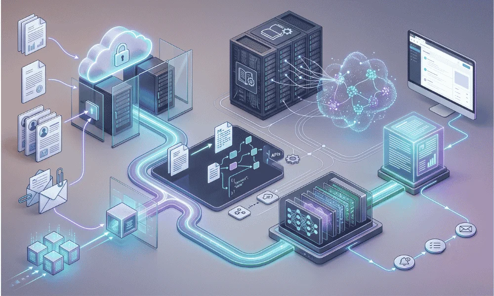 AI SaaS workflow showing data ingestion retrieval inference and automated output