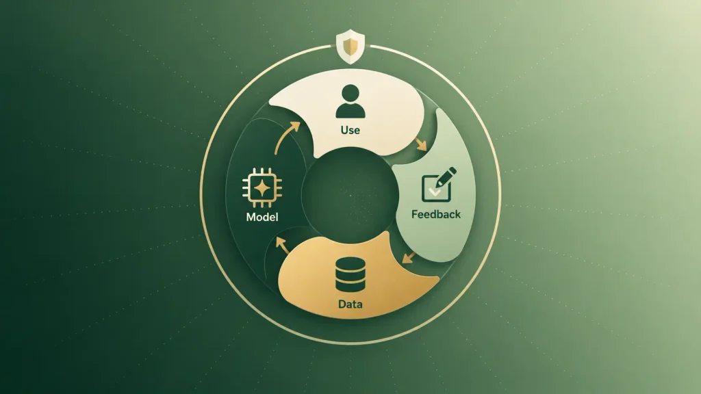 Data flywheel turning user corrections into training signal and a proprietary data moat