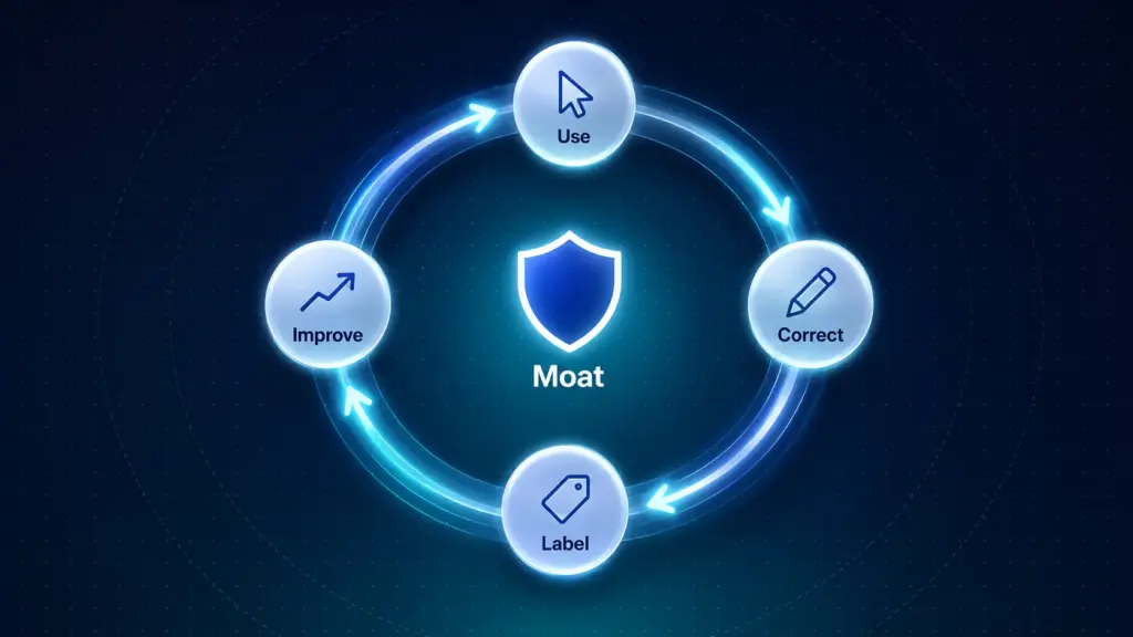 AI data flywheel turning product usage into a proprietary data moat