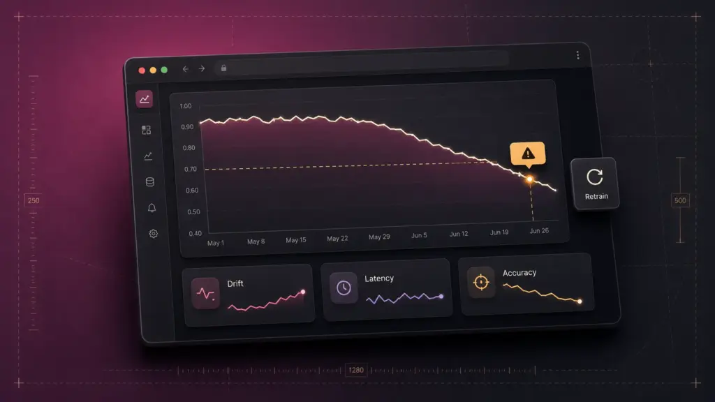 Model monitoring dashboard showing accuracy decay crossing a threshold and triggering retraining