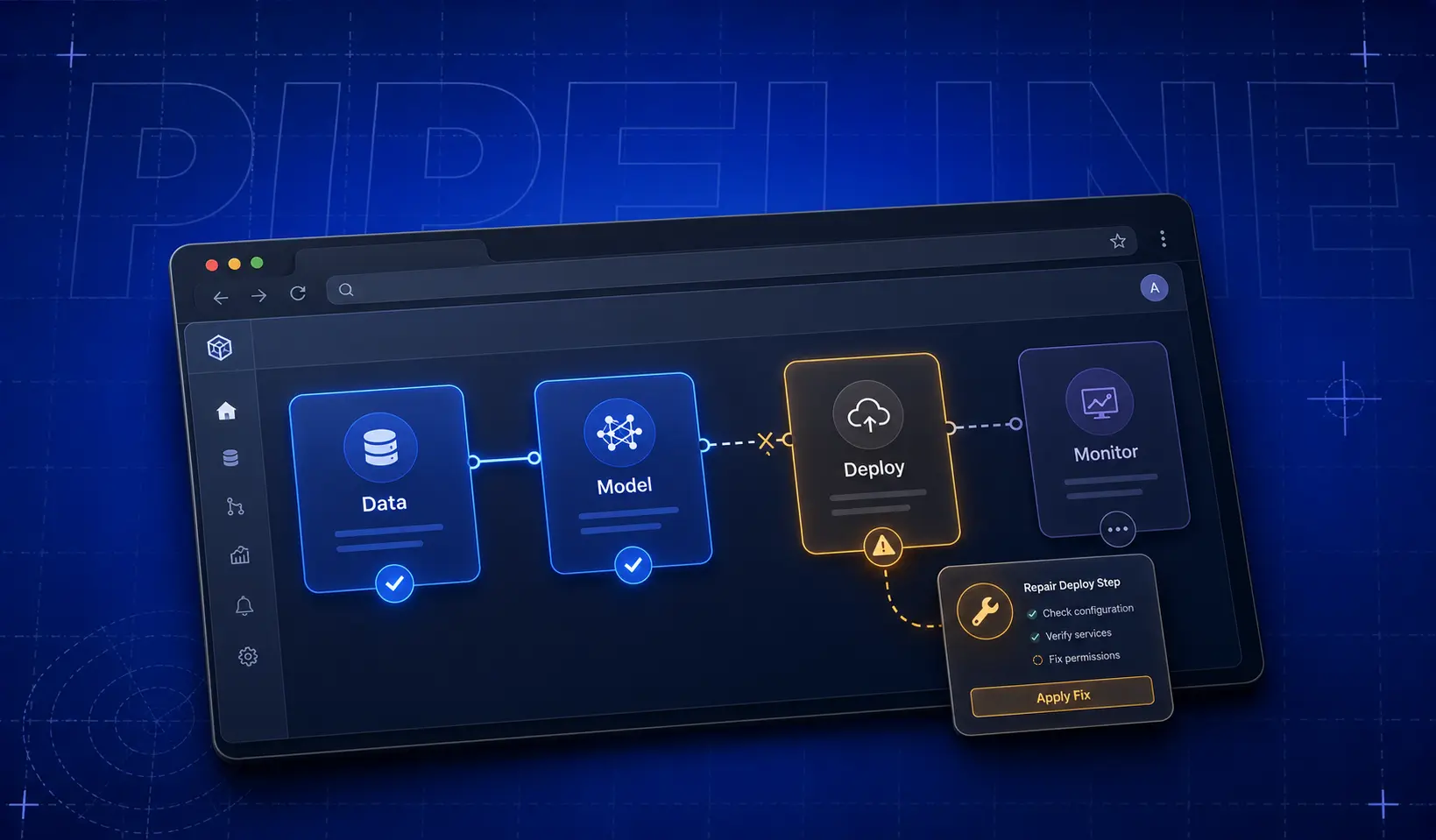 AI product development pipeline dashboard showing a stalled build stage and the fix applied