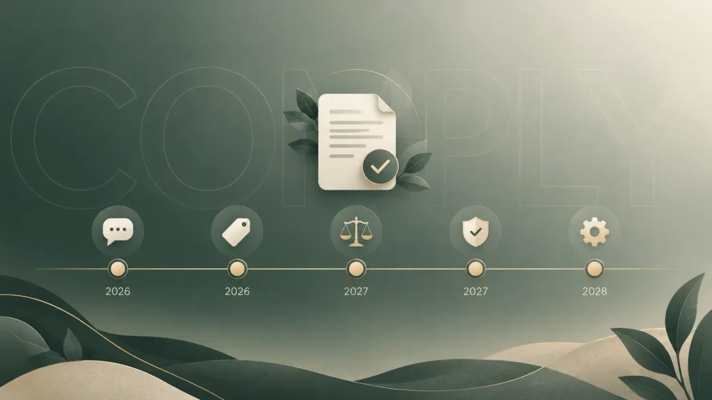 AI compliance timeline with milestones from 2026 to 2028 for EU AI Act and US state rules