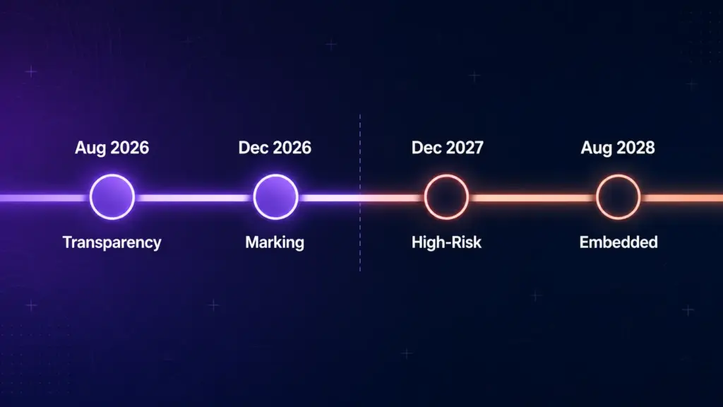 EU AI Act compliance deadlines from August 2026 through August 2028