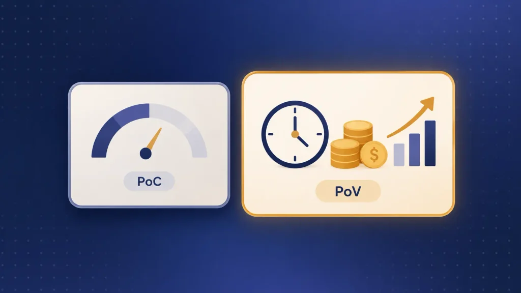 Proof of concept accuracy gauge beside a proof of value card showing time and money saved