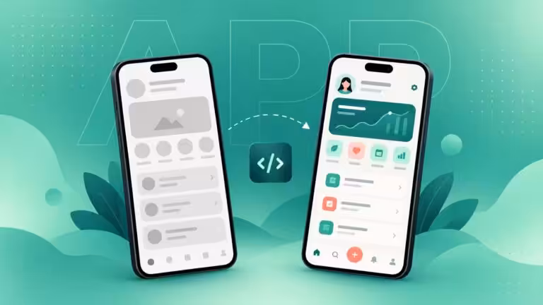 How to build a mobile app, shown as a wireframe phone turning into a finished app design