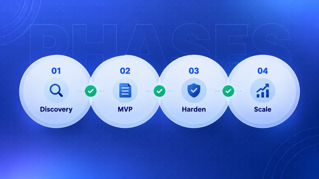 Four phased AI product budget stages with decision gates between each phase