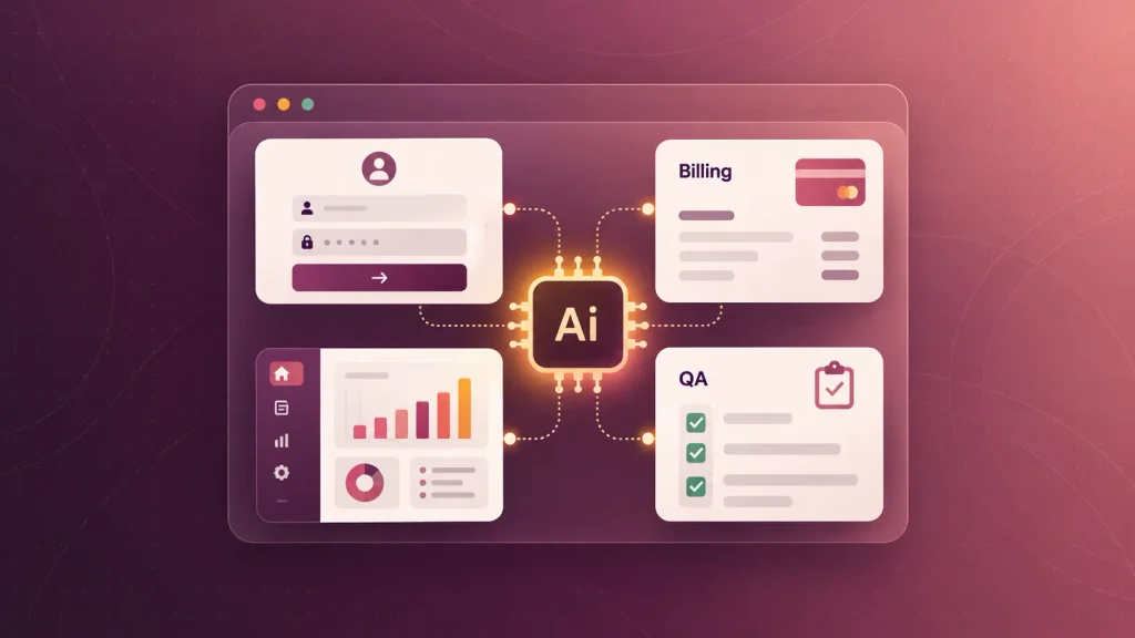 AI model core surrounded by product layers like login, billing, dashboard and QA