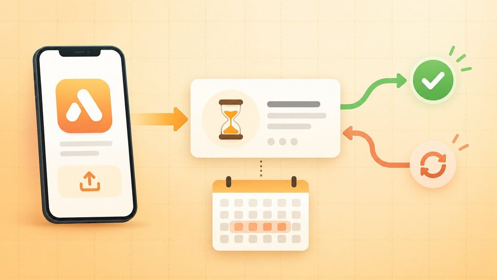 App store review stage of how to build a mobile app, with time planned for resubmission
