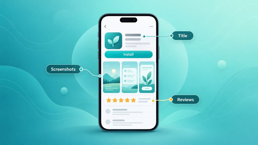 An app store listing optimized with a clear title, screenshots, and early reviews.