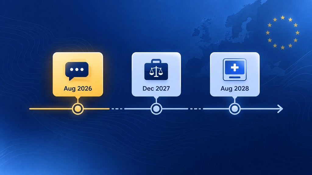EU AI Act timeline from 2026 to 2028 for AI agent ethics and compliance