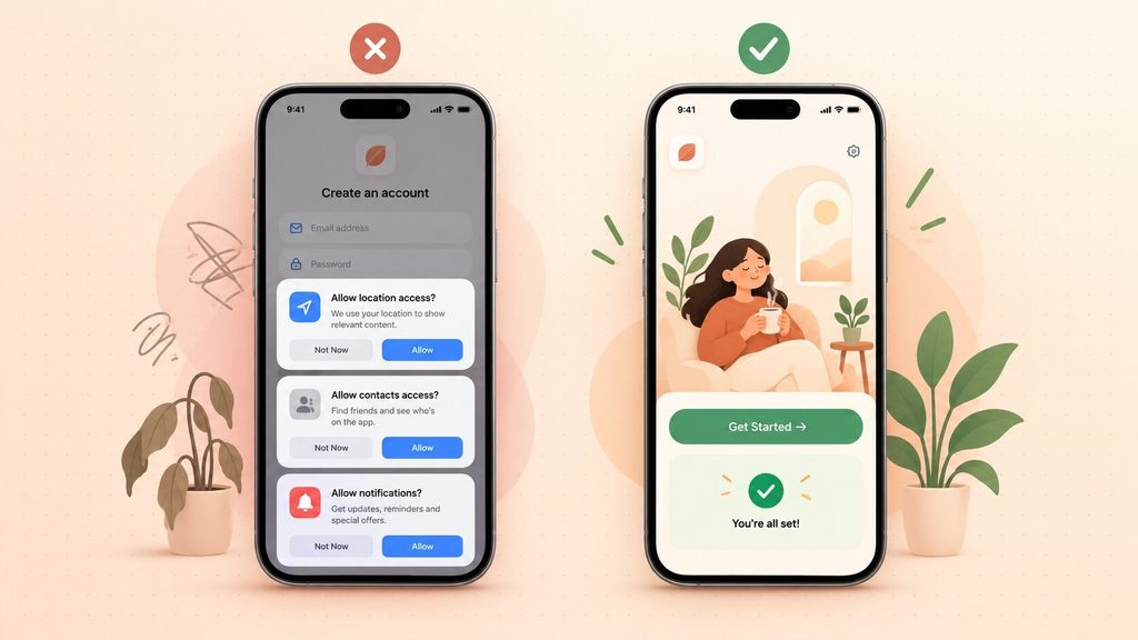 A mobile app onboarding comparison showing a sign-up wall versus a quick first win.