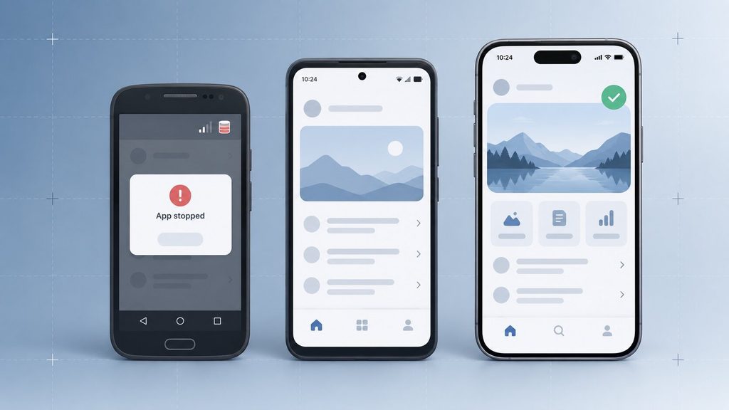 Mobile app testing across older and newer phones, with a crash on a budget device.