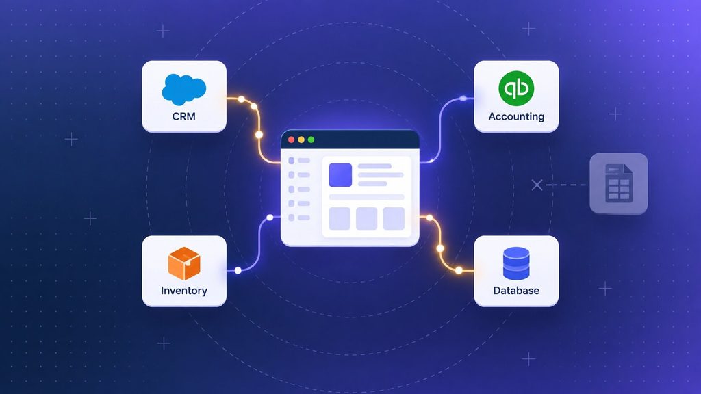 Custom web application connecting CRM, accounting and inventory systems via direct API integration