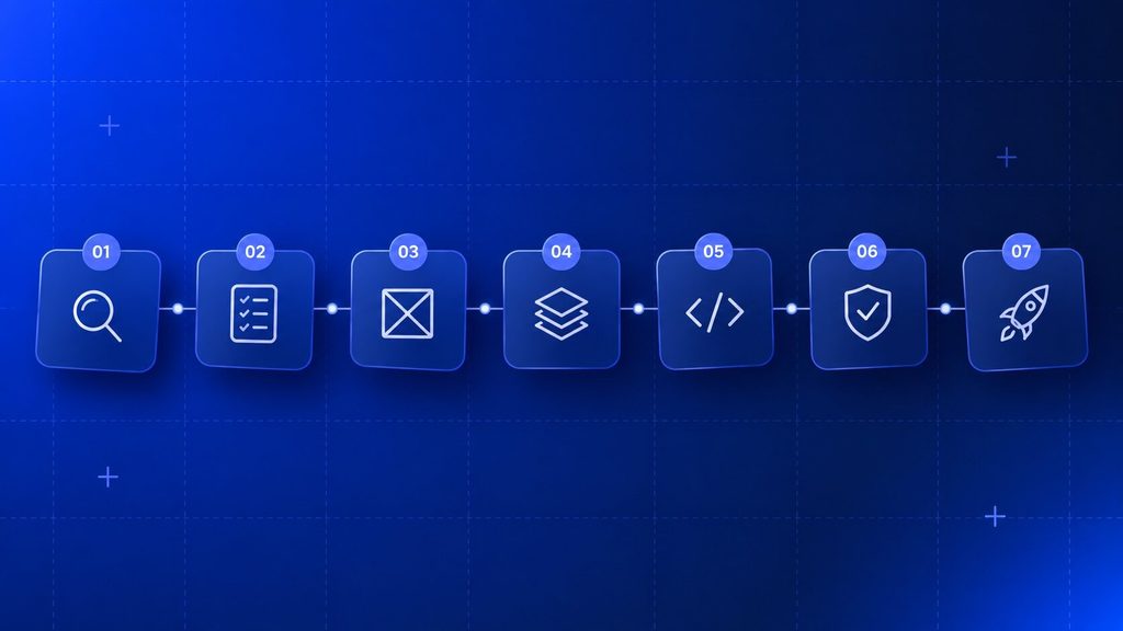 Seven stages of the custom web app development process from discovery to deployment