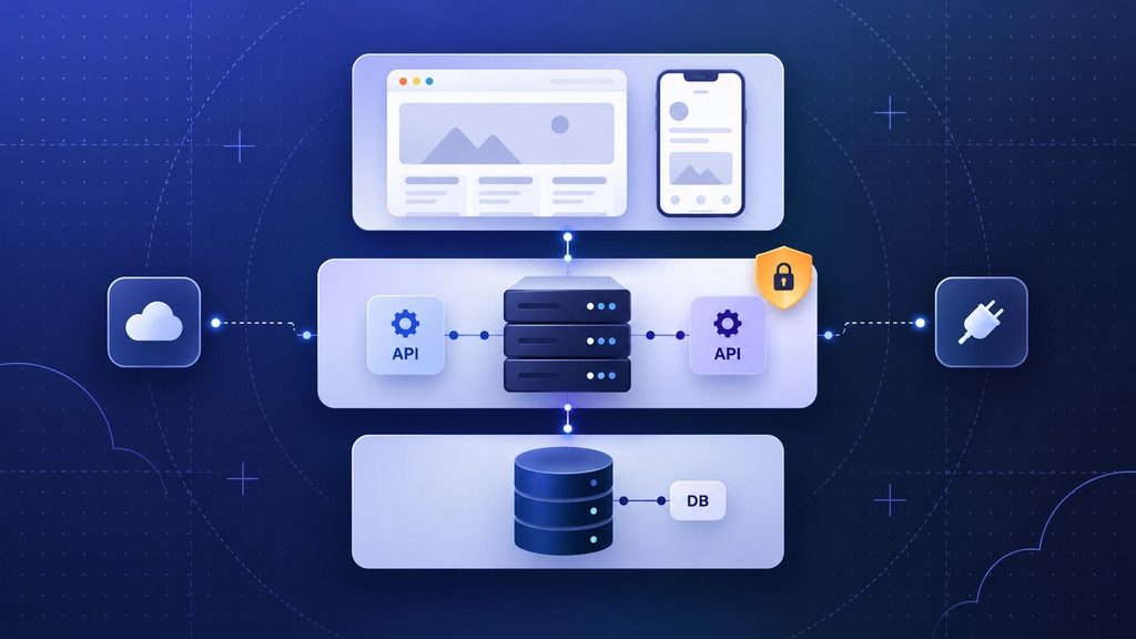 Web app architecture diagram showing front-end, back-end, database and security layers