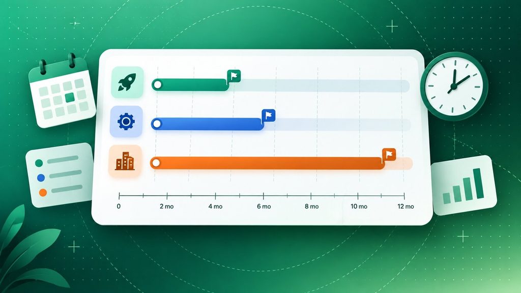 Web app development timeline comparing MVP, mid-complexity and enterprise project durations