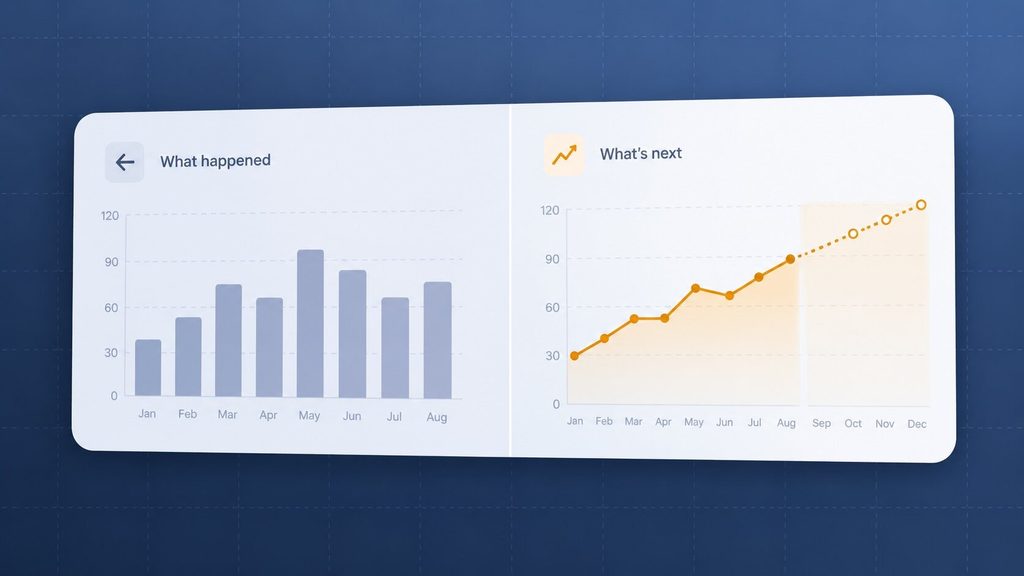 AI analytics for businesses compared with traditional BI dashboards in a split panel view