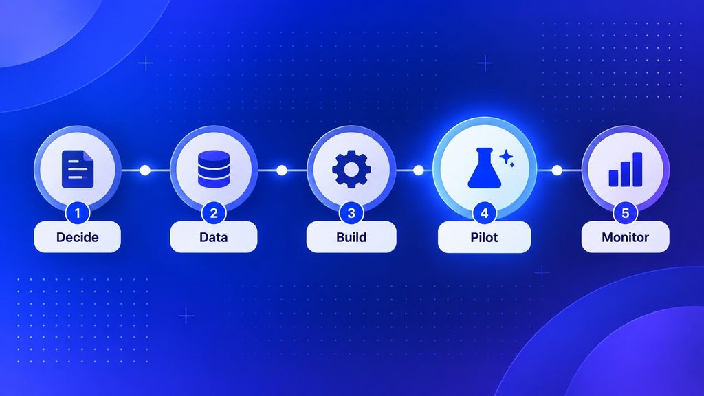 Five-step roadmap for implementing AI analytics for businesses, from decision scoping to monitoring