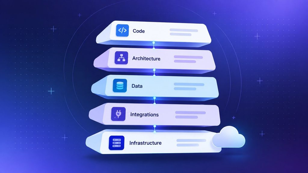 Layers touched by a software modernization strategy: code, architecture, data, infrastructure