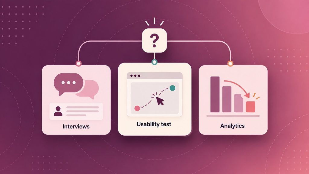 Solving UI/UX consulting challenges by matching interviews, usability testing and analytics to different research questions