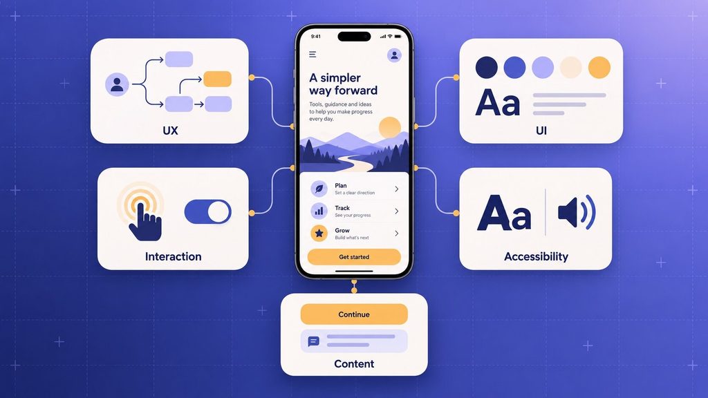 Five core parts of what is mobile app design shown as connected panels around a phone screen