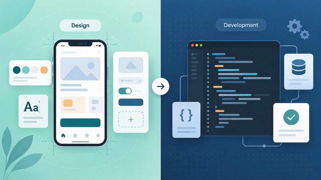 Split panel comparing what is mobile app design with app development work