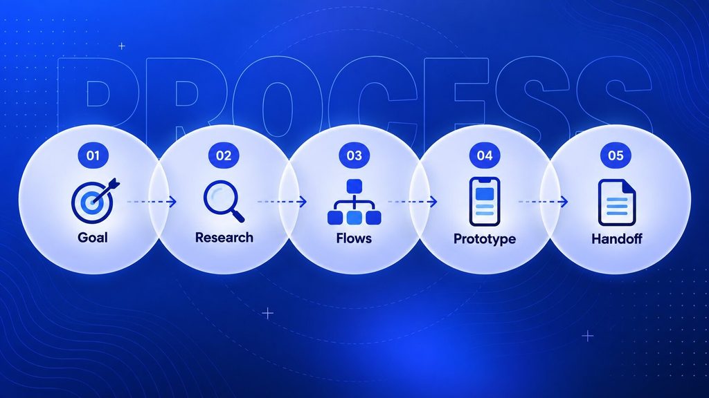 Horizontal flow showing what is mobile app design process from goal to launch