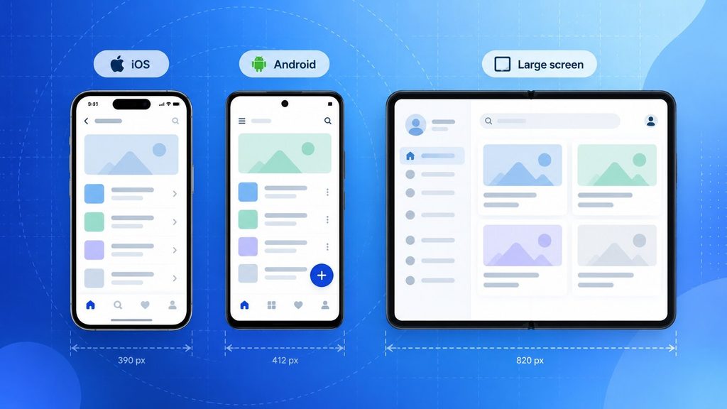 What is mobile app design adapted across an iOS phone, an Android phone and a larger foldable screen