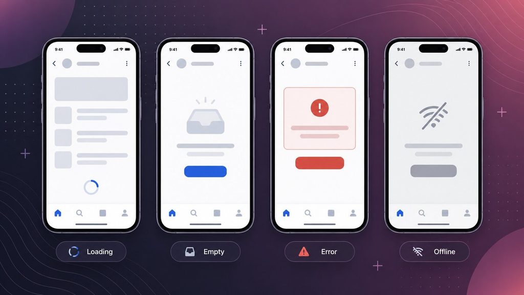 Four phone screens showing what is mobile app design interface states — loading, empty, error and offline