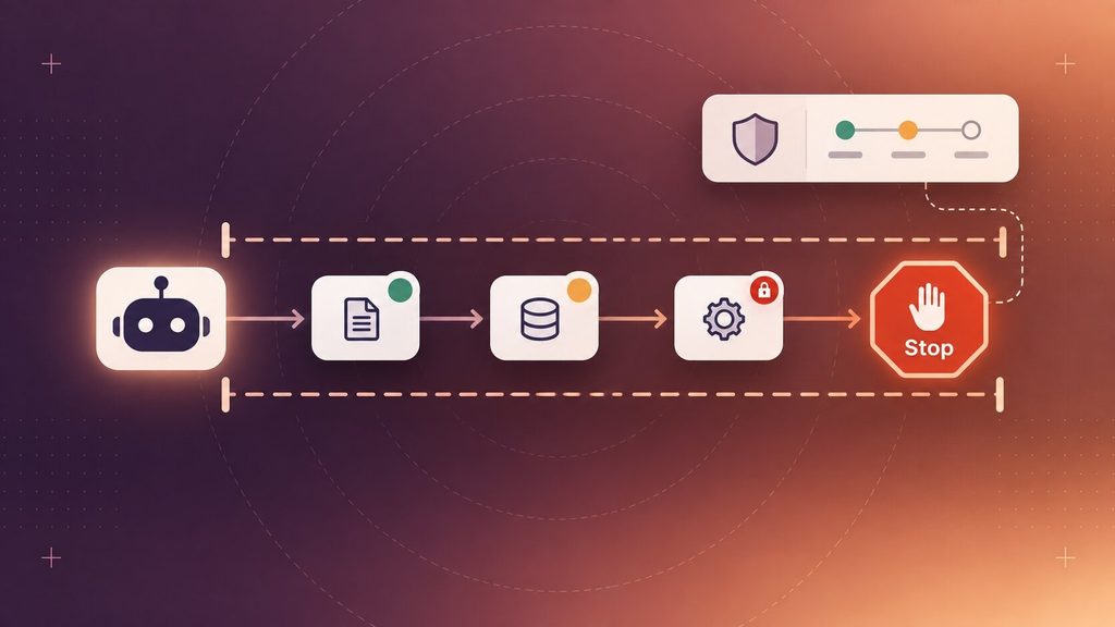 Guardrail lanes and a stop badge limiting how far an AI agent can run — a guardrail step in how to build your first AI agent