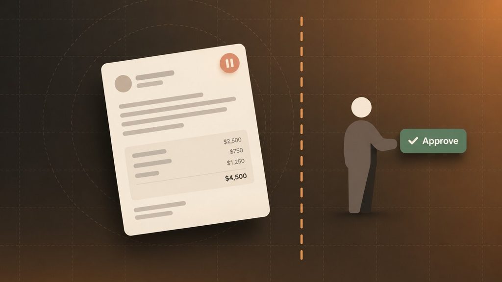 A drafted message paused at a human approval step before an AI agent can send it, a safeguard when learning how to build your first AI agent