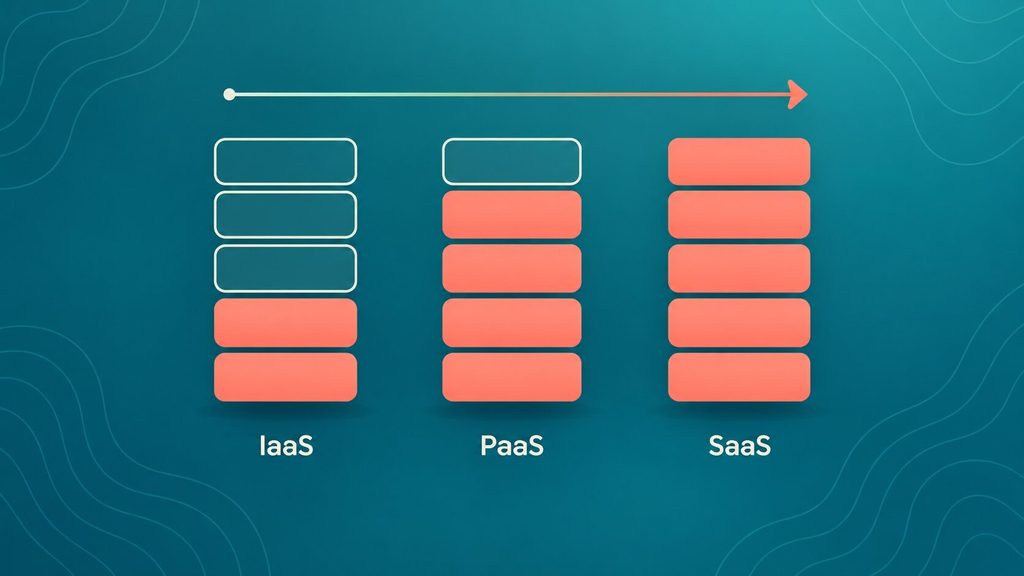 IaaS, PaaS and SaaS layers showing how much the provider manages in each cloud computing service model