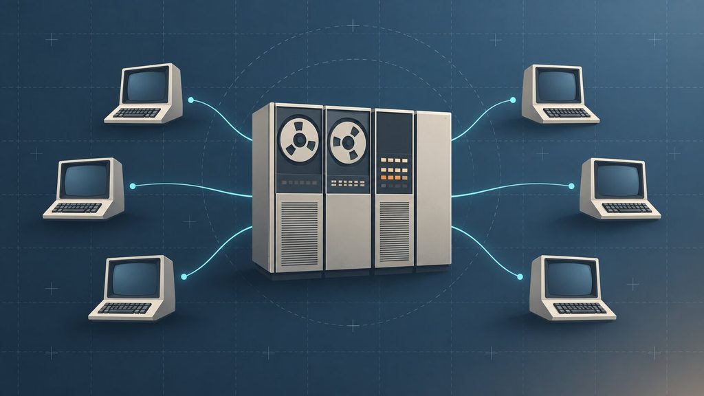 Mainframe time-sharing with dumb terminals, the earliest form of shared computing in the evolution of cloud computing