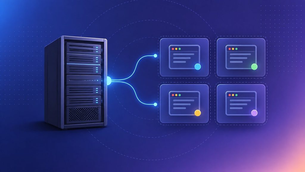 One physical server split into four isolated virtual machines through virtualization, the foundation of modern cloud computing