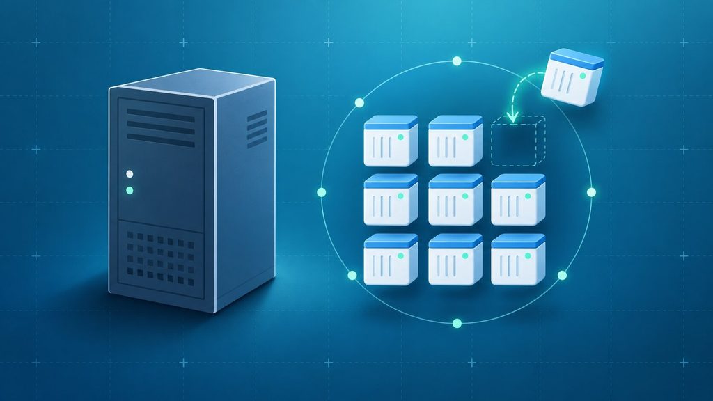Lightweight containers orchestrated in a grid beside a heavier traditional virtual machine, the container shift in cloud computing